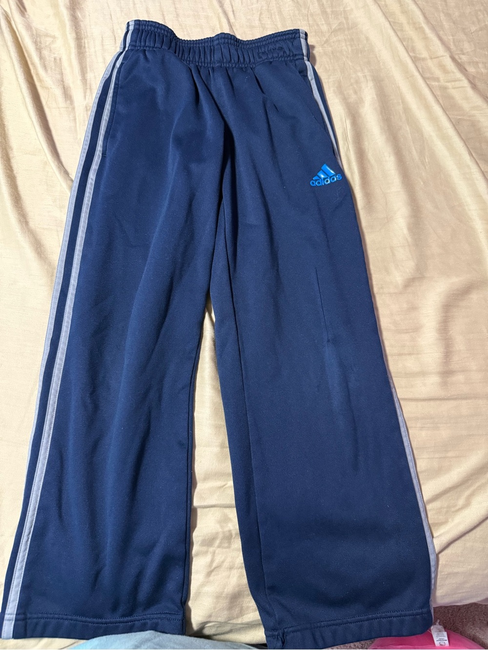 adidas Navy Sweatpants with Light Blue Logo and Side Stripes